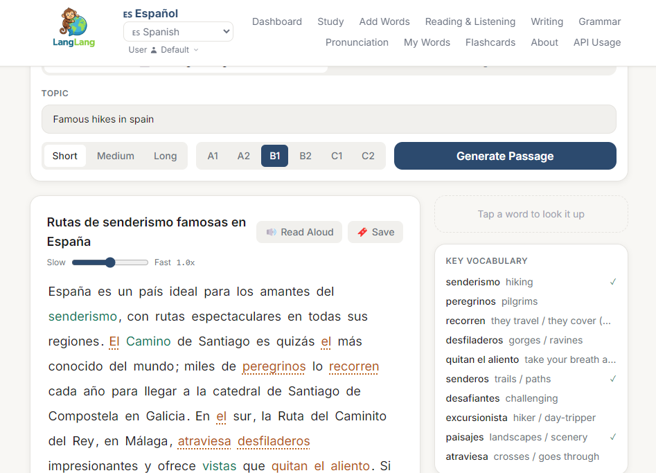 LangLang interface showing a Spanish reading passage with vocabulary highlights